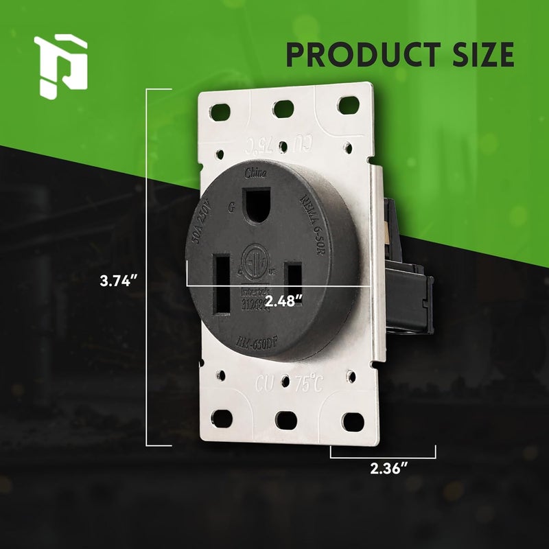 PLUGTUL 50 Amp Receptacle Outlet with Square Cover Plate, NEMA 6-50R, 250V Outlet, Flush Mounting, Straight Blade, Industrial Grade, 30 Amp, ETL Listed - Image 5